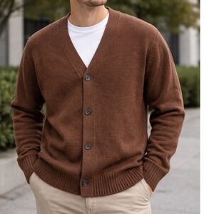 JACK JONES Mens Brown Knit Cardigan Sweater XL V Neck Button Front Long Sleeve